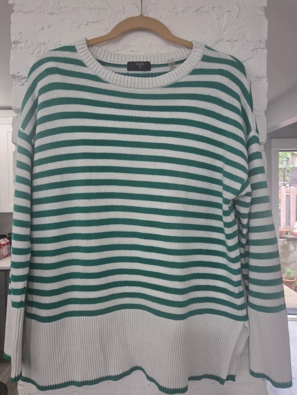 Tahari Green and White Striped Crewneck Sweater